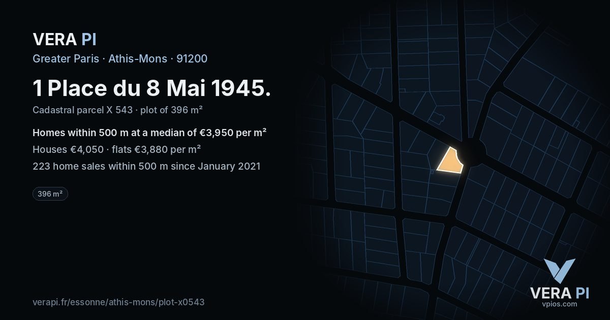 1 Place du 8 Mai 1945, Athis-Mons at night – the plot lit, the parcels around coloured by the prices near them