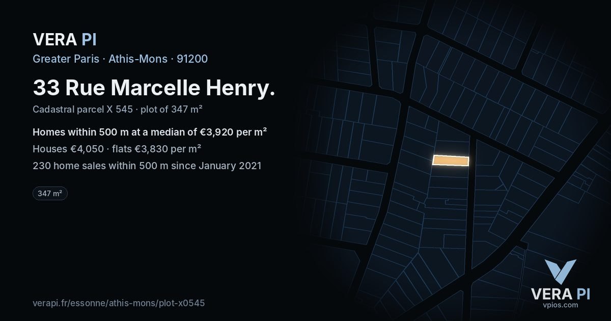 33 Rue Marcelle Henry, Athis-Mons at night – the plot lit, the parcels around coloured by the prices near them