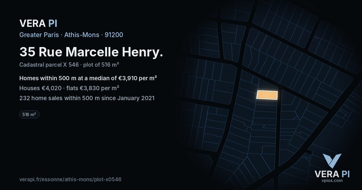 35 Rue Marcelle Henry, Athis-Mons at night – the plot lit, the parcels around coloured by the prices near them