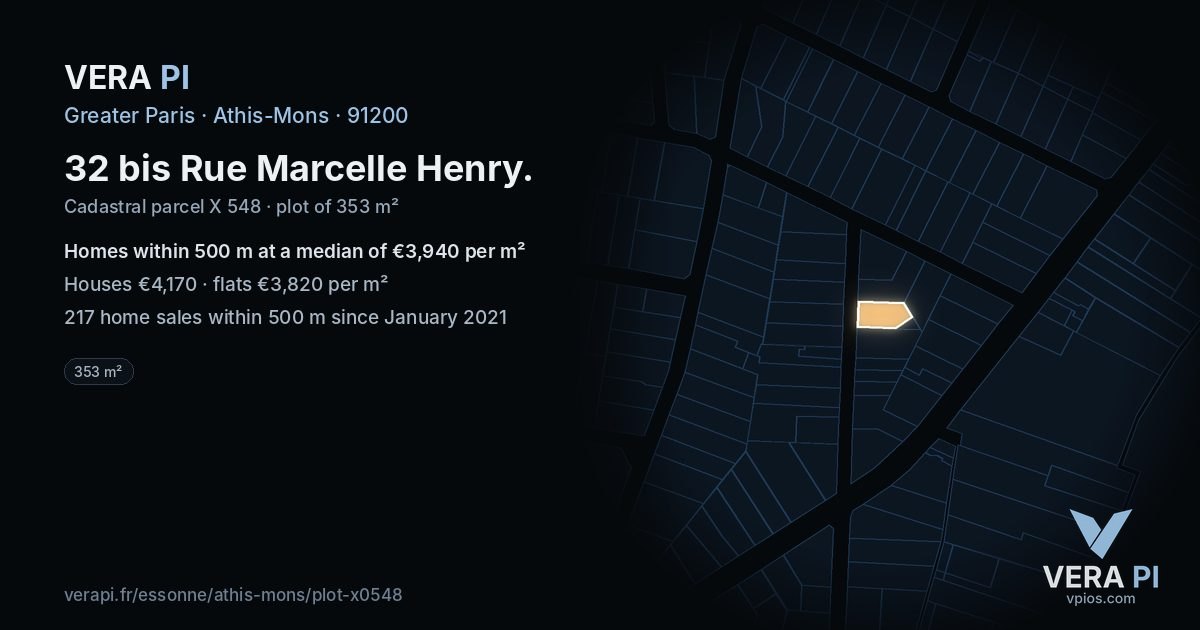32 bis Rue Marcelle Henry, Athis-Mons at night – the plot lit, the parcels around coloured by the prices near them