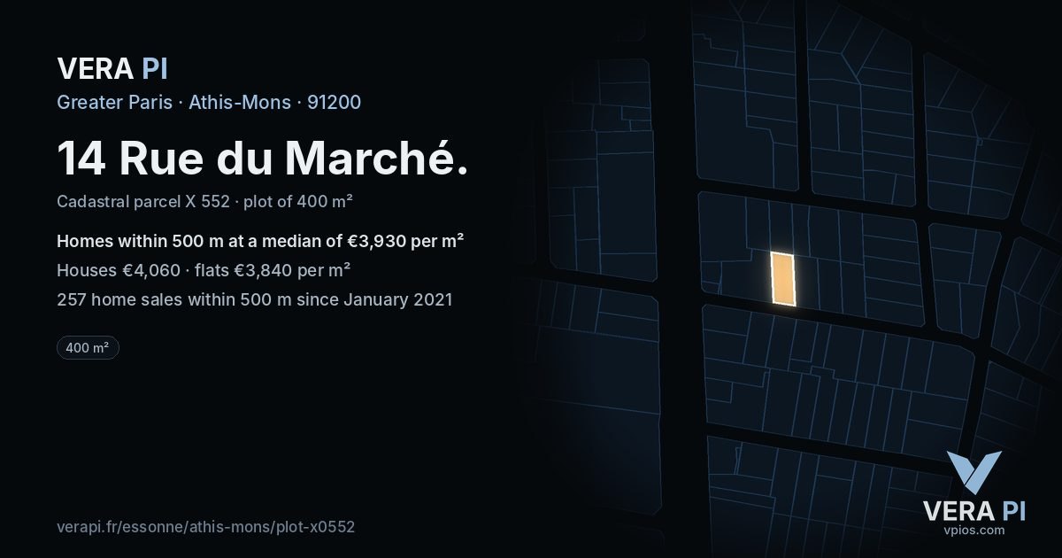 14 Rue du Marché, Athis-Mons at night – the plot lit, the parcels around coloured by the prices near them