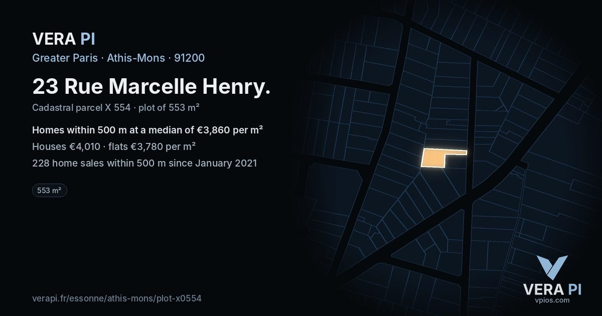 23 Rue Marcelle Henry, Athis-Mons at night – the plot lit, the parcels around coloured by the prices near them