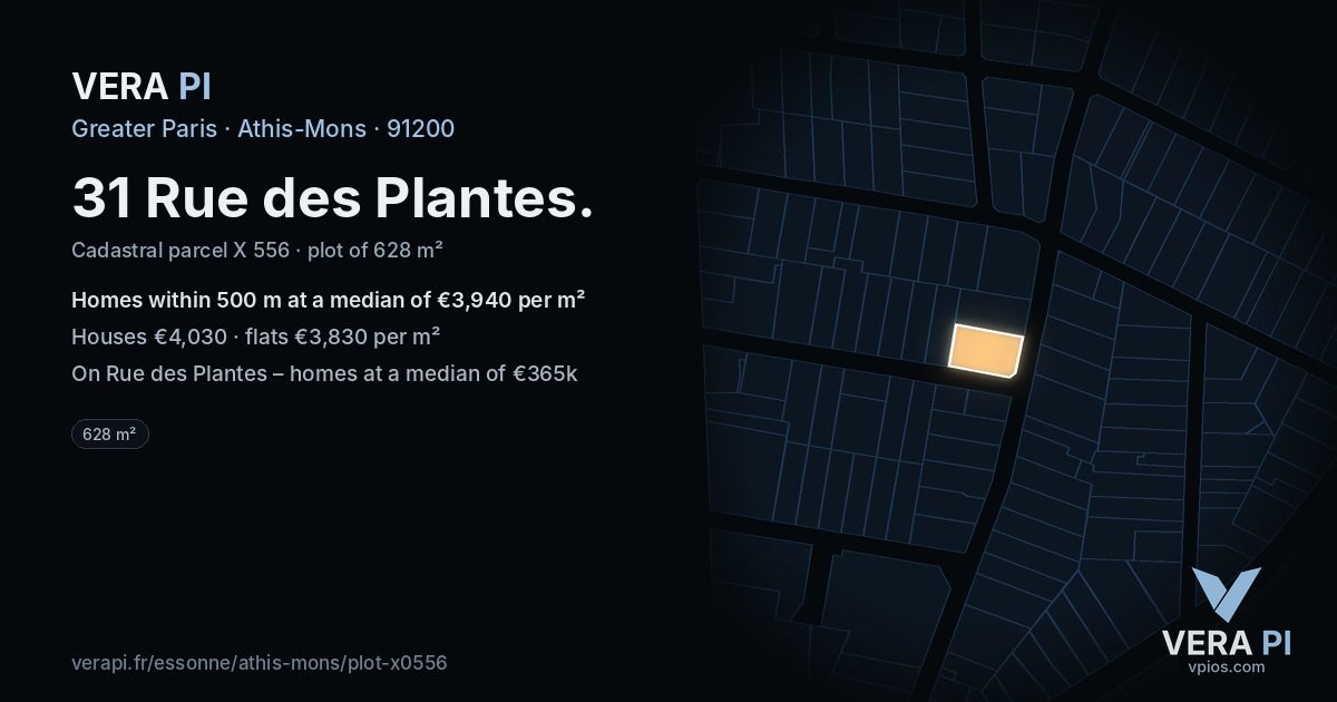 31 Rue des Plantes, Athis-Mons at night – the plot lit, the parcels around coloured by the prices near them
