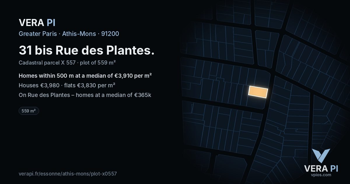 31 bis Rue des Plantes, Athis-Mons at night – the plot lit, the parcels around coloured by the prices near them