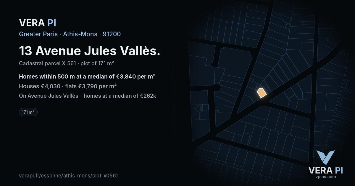 13 Avenue Jules Vallès, Athis-Mons at night – the plot lit, the parcels around coloured by the prices near them
