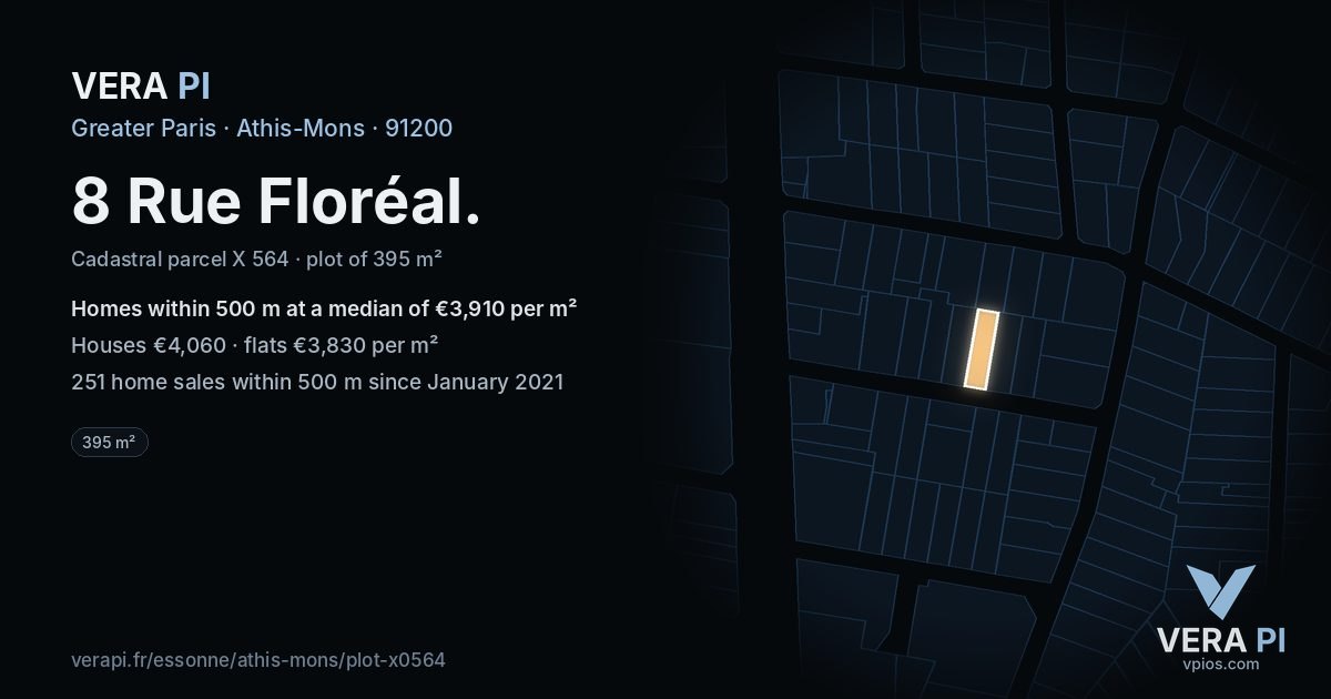 8 Rue Floréal, Athis-Mons at night – the plot lit, the parcels around coloured by the prices near them