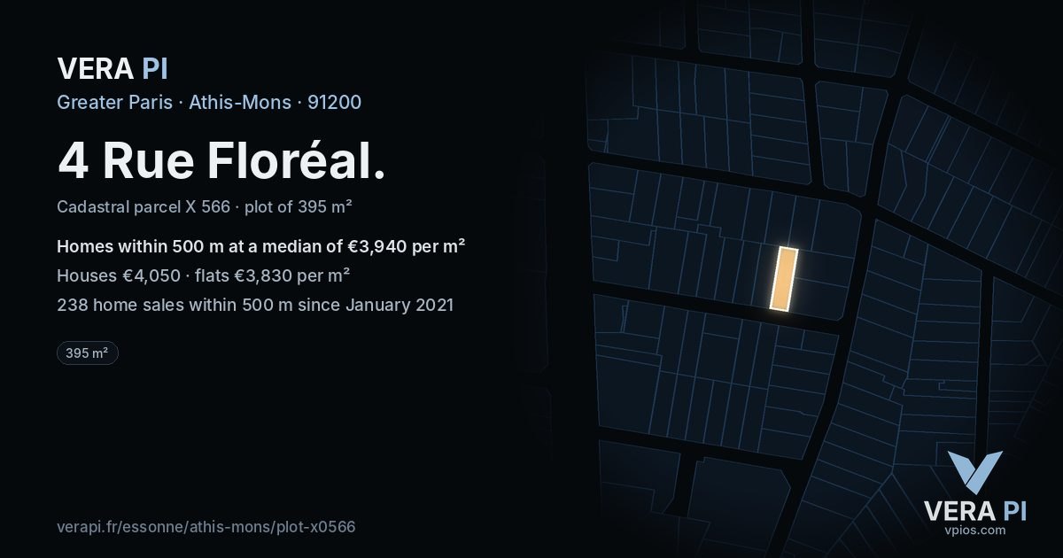 4 Rue Floréal, Athis-Mons at night – the plot lit, the parcels around coloured by the prices near them
