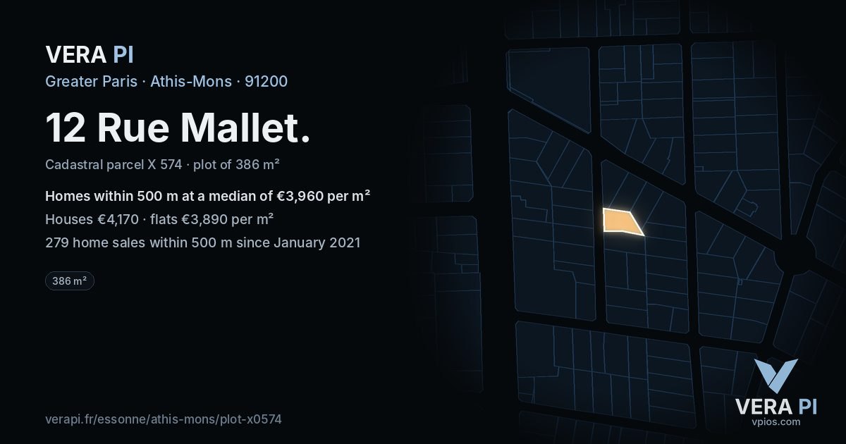 12 Rue Mallet, Athis-Mons at night – the plot lit, the parcels around coloured by the prices near them