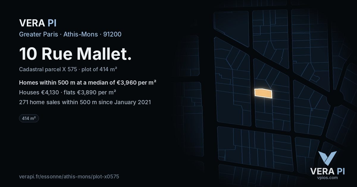10 Rue Mallet, Athis-Mons at night – the plot lit, the parcels around coloured by the prices near them
