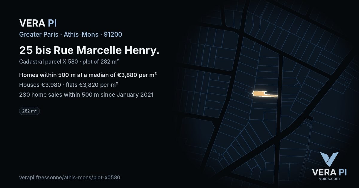 25 bis Rue Marcelle Henry, Athis-Mons at night – the plot lit, the parcels around coloured by the prices near them