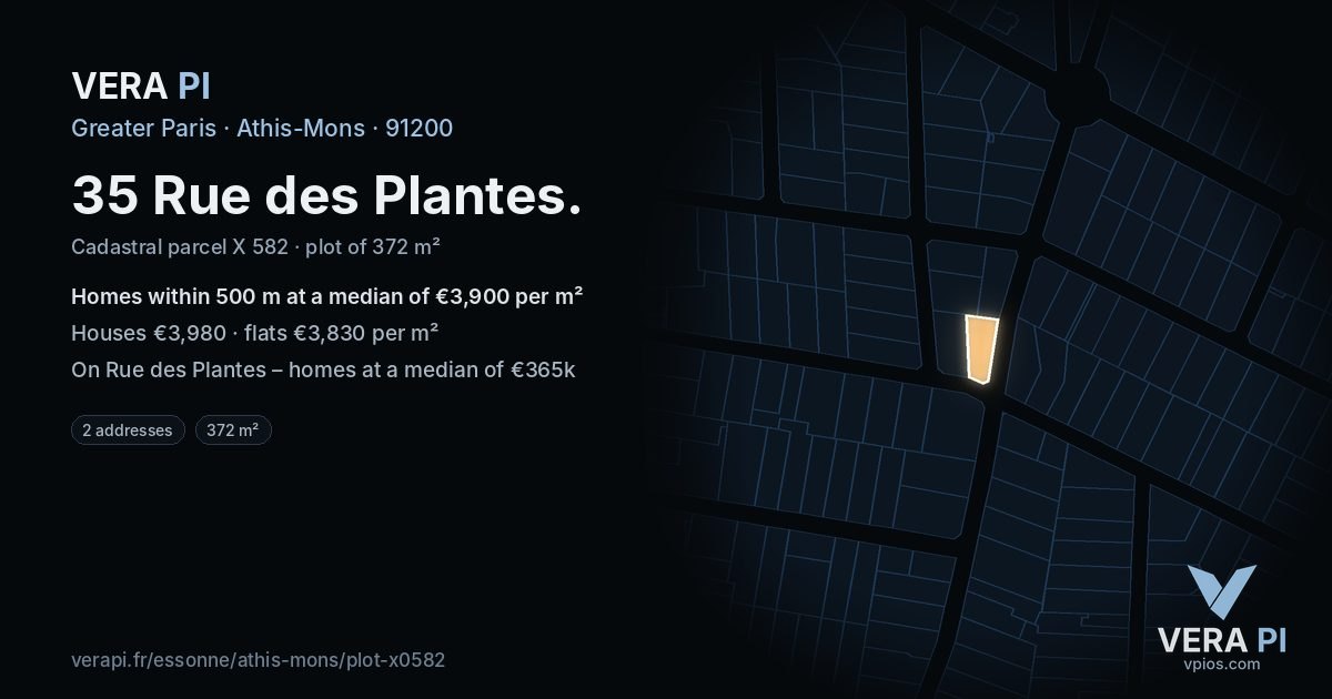 35 Rue des Plantes, Athis-Mons at night – the plot lit, the parcels around coloured by the prices near them
