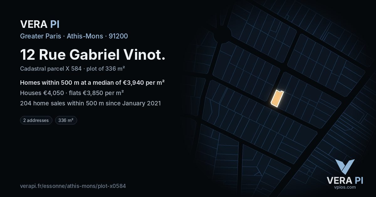 12 Rue Gabriel Vinot, Athis-Mons at night – the plot lit, the parcels around coloured by the prices near them