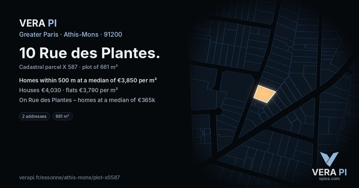 10 Rue des Plantes, Athis-Mons at night – the plot lit, the parcels around coloured by the prices near them