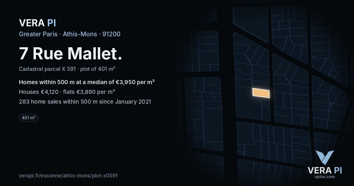 7 Rue Mallet, Athis-Mons at night – the plot lit, the parcels around coloured by the prices near them
