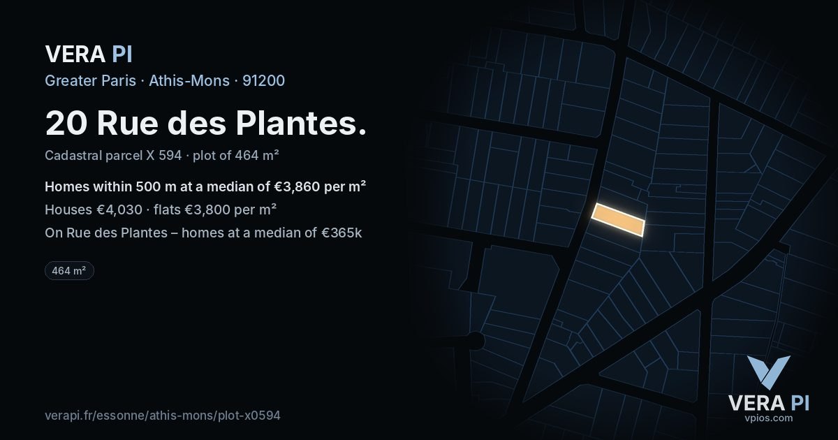20 Rue des Plantes, Athis-Mons at night – the plot lit, the parcels around coloured by the prices near them