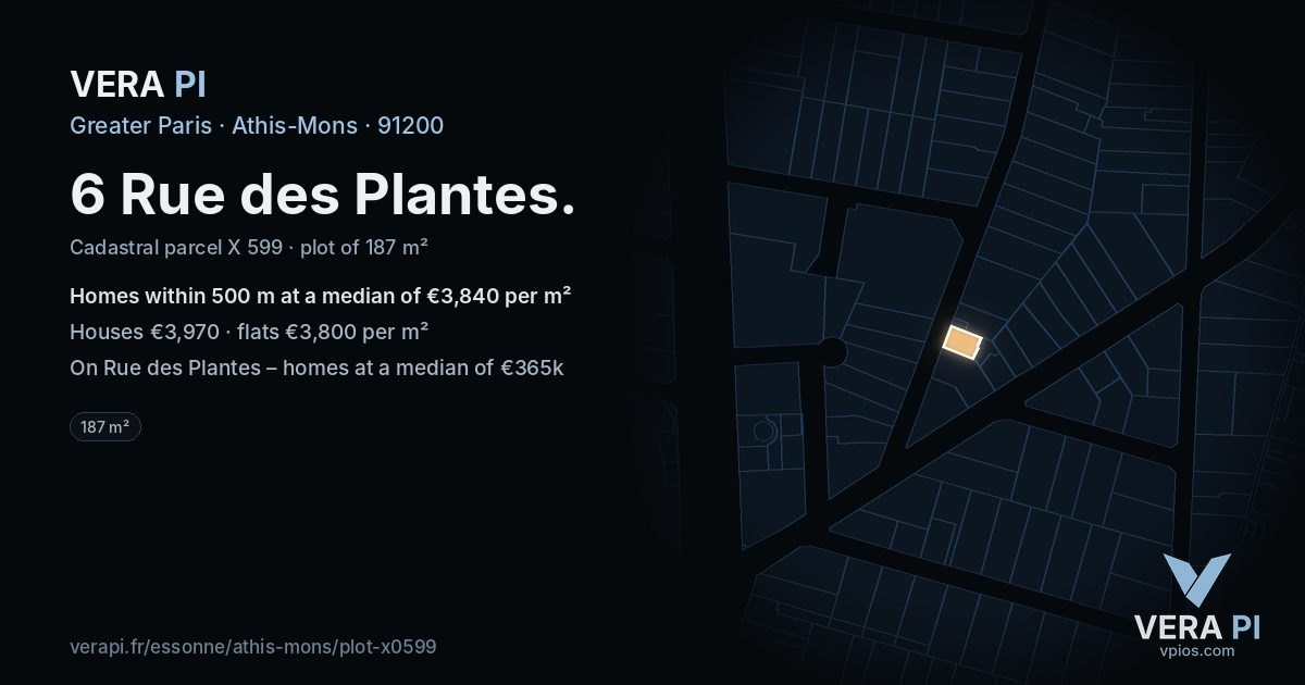 6 Rue des Plantes, Athis-Mons at night – the plot lit, the parcels around coloured by the prices near them