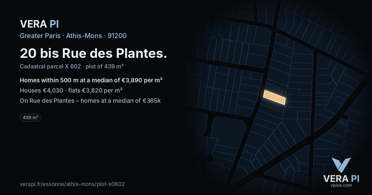 20 bis Rue des Plantes, Athis-Mons at night – the plot lit, the parcels around coloured by the prices near them