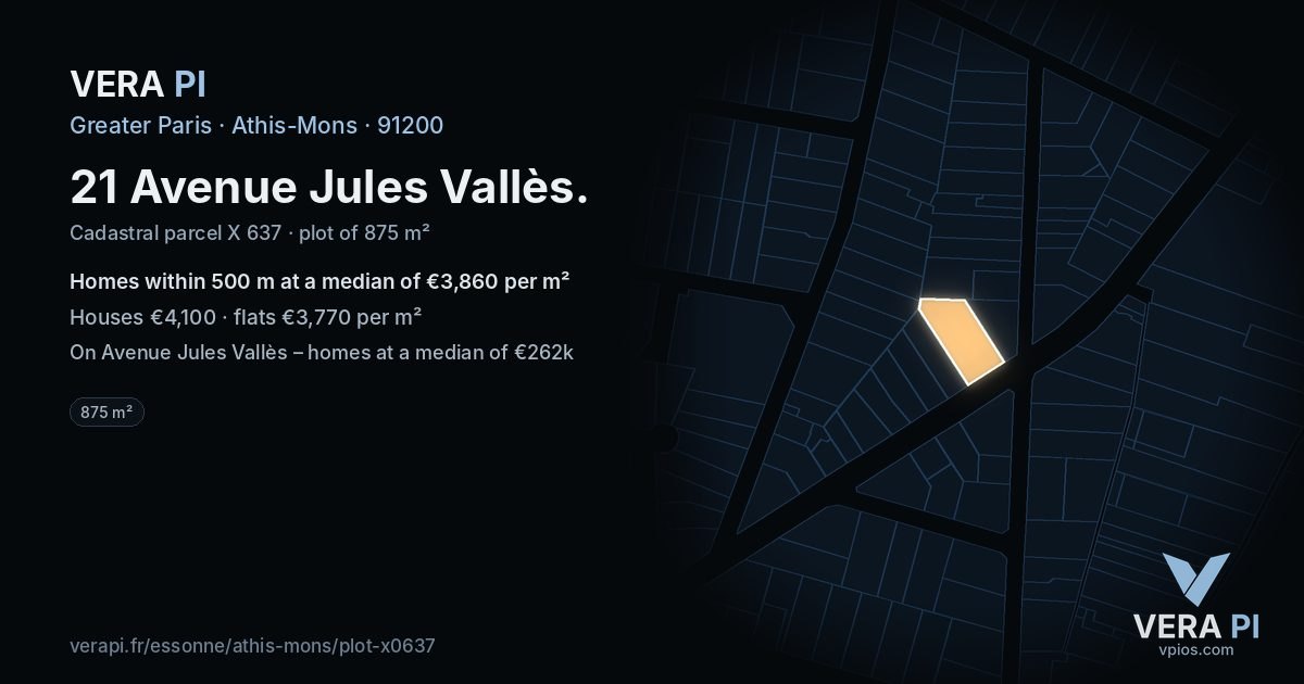 21 Avenue Jules Vallès, Athis-Mons at night – the plot lit, the parcels around coloured by the prices near them