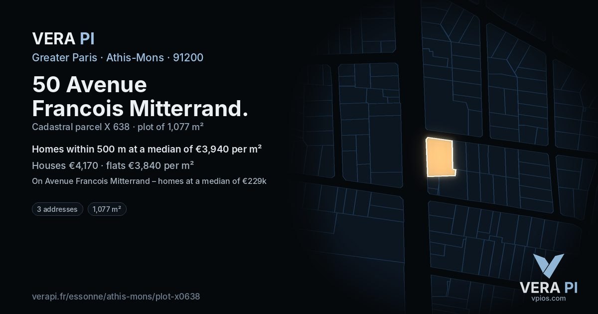 50 Avenue Francois Mitterrand, Athis-Mons at night – the plot lit, the parcels around coloured by the prices near them