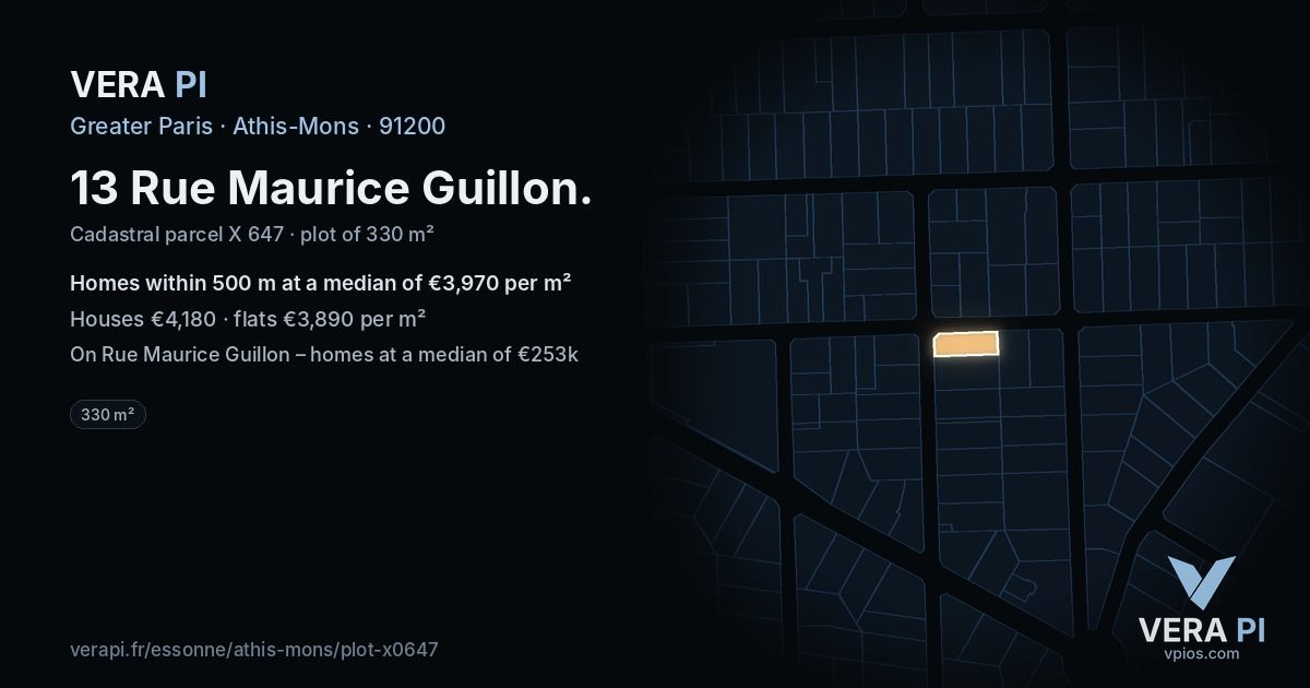 13 Rue Maurice Guillon, Athis-Mons at night – the plot lit, the parcels around coloured by the prices near them