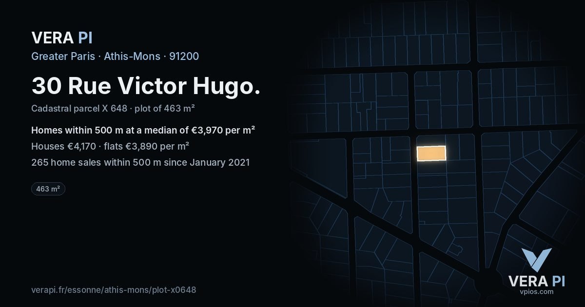 30 Rue Victor Hugo, Athis-Mons at night – the plot lit, the parcels around coloured by the prices near them