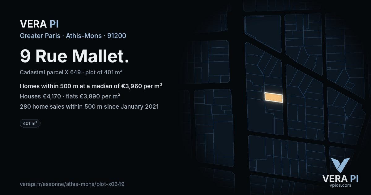 9 Rue Mallet, Athis-Mons at night – the plot lit, the parcels around coloured by the prices near them