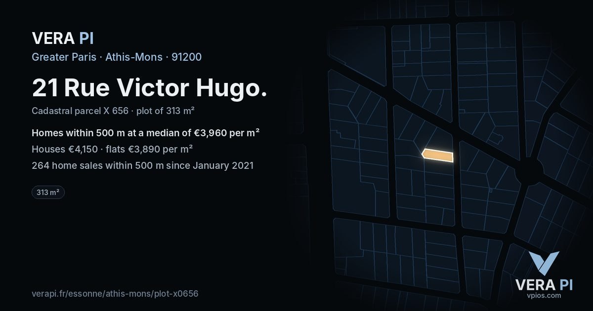 21 Rue Victor Hugo, Athis-Mons at night – the plot lit, the parcels around coloured by the prices near them