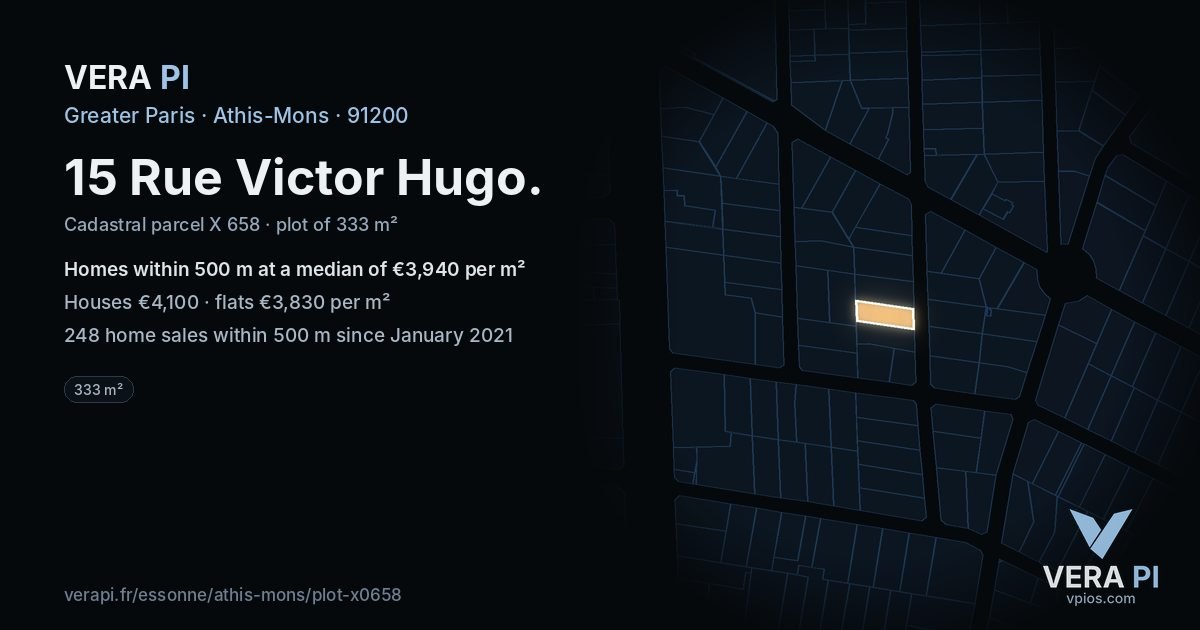15 Rue Victor Hugo, Athis-Mons at night – the plot lit, the parcels around coloured by the prices near them