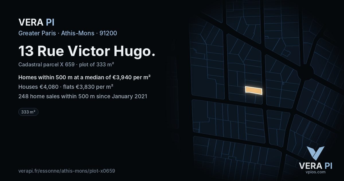 13 Rue Victor Hugo, Athis-Mons at night – the plot lit, the parcels around coloured by the prices near them