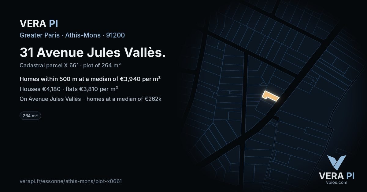 31 Avenue Jules Vallès, Athis-Mons at night – the plot lit, the parcels around coloured by the prices near them