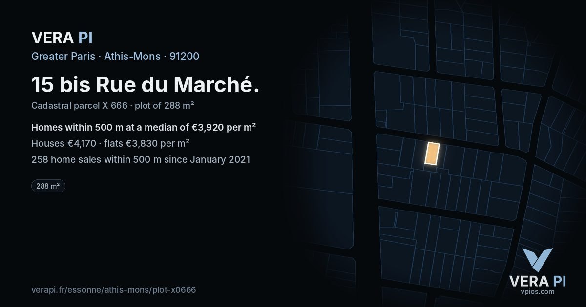 15 bis Rue du Marché, Athis-Mons at night – the plot lit, the parcels around coloured by the prices near them