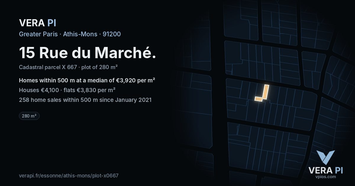 15 Rue du Marché, Athis-Mons at night – the plot lit, the parcels around coloured by the prices near them
