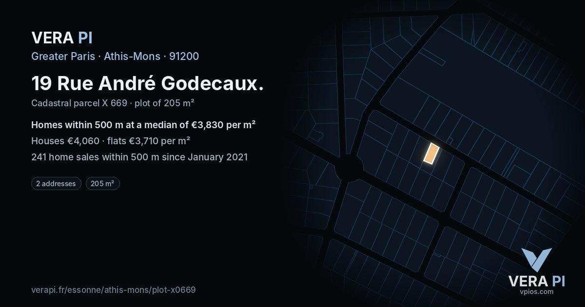 19 Rue André Godecaux, Athis-Mons at night – the plot lit, the parcels around coloured by the prices near them