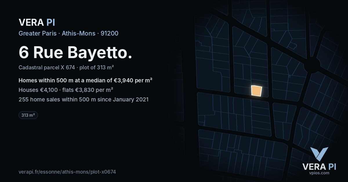 6 Rue Bayetto, Athis-Mons at night – the plot lit, the parcels around coloured by the prices near them