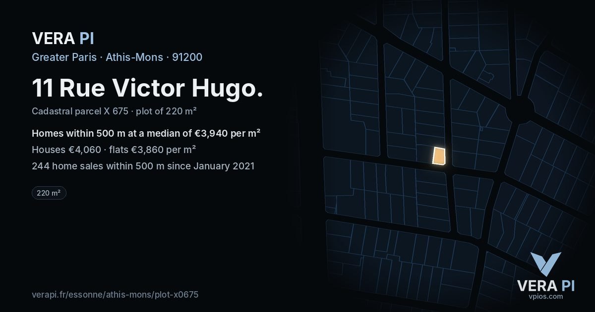 11 Rue Victor Hugo, Athis-Mons at night – the plot lit, the parcels around coloured by the prices near them