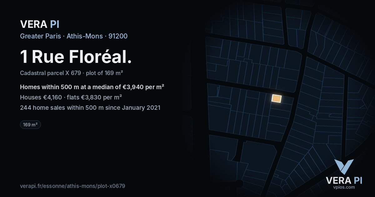 1 Rue Floréal, Athis-Mons at night – the plot lit, the parcels around coloured by the prices near them