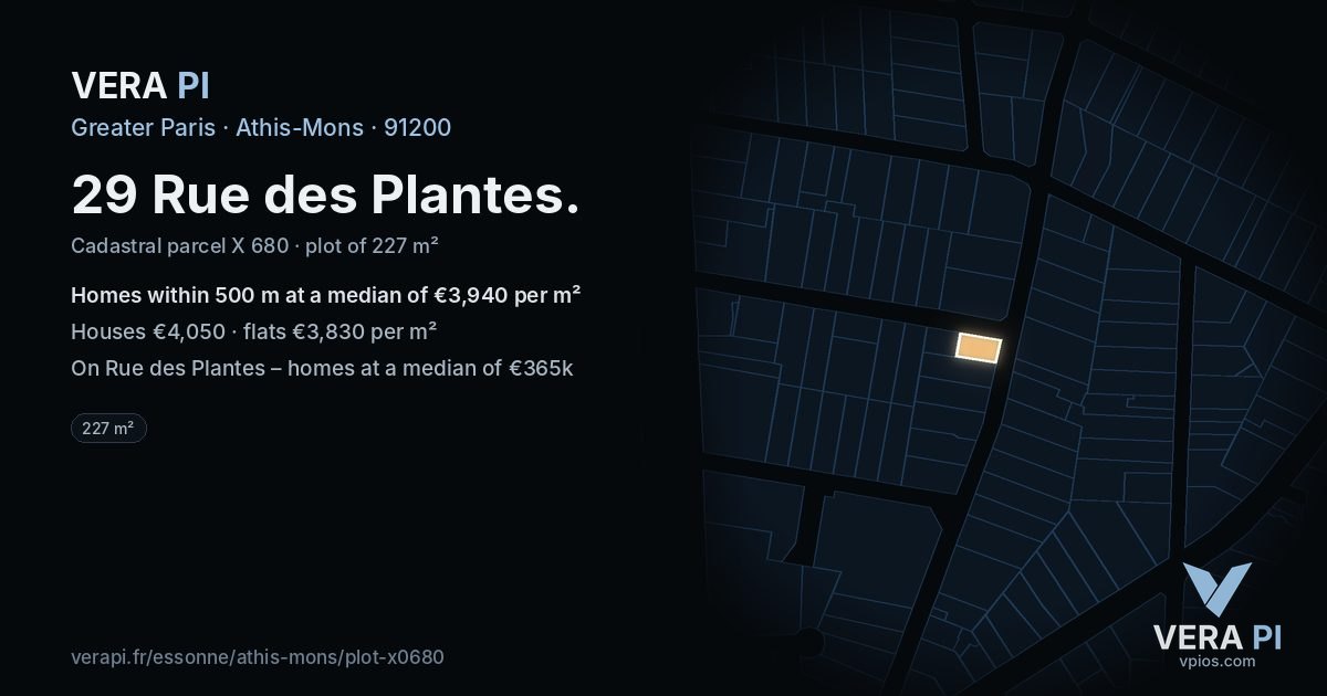 29 Rue des Plantes, Athis-Mons at night – the plot lit, the parcels around coloured by the prices near them