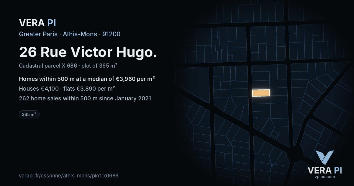 26 Rue Victor Hugo, Athis-Mons at night – the plot lit, the parcels around coloured by the prices near them
