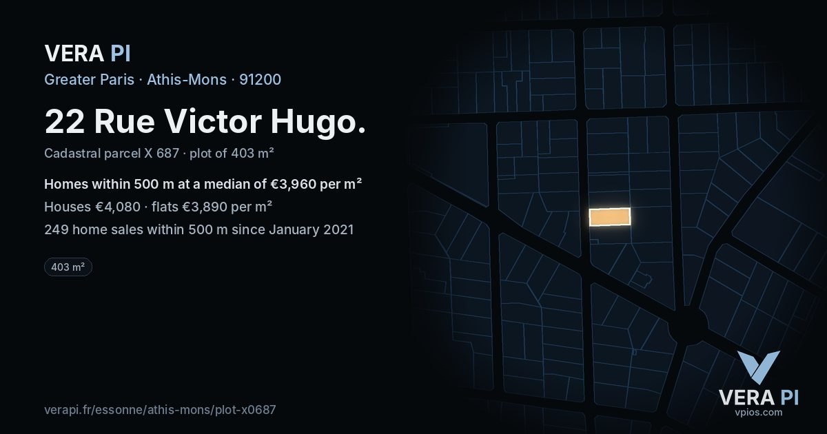 22 Rue Victor Hugo, Athis-Mons at night – the plot lit, the parcels around coloured by the prices near them