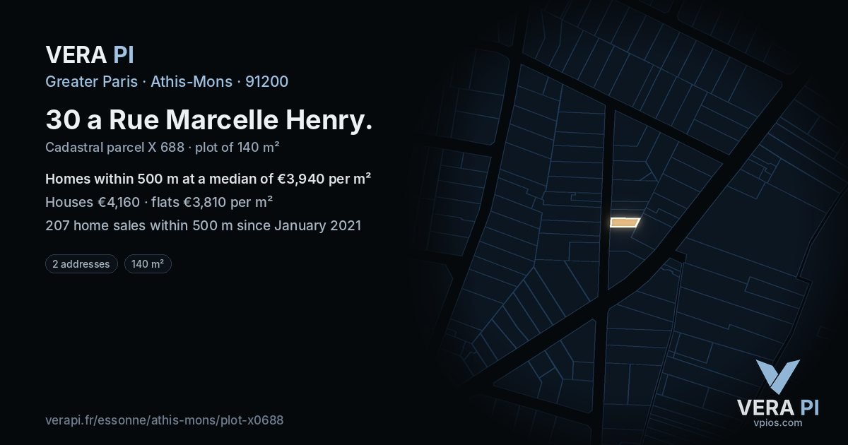 30 a Rue Marcelle Henry, Athis-Mons at night – the plot lit, the parcels around coloured by the prices near them