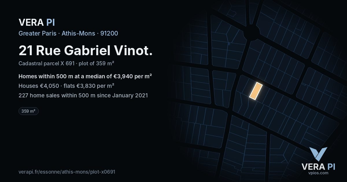 21 Rue Gabriel Vinot, Athis-Mons at night – the plot lit, the parcels around coloured by the prices near them