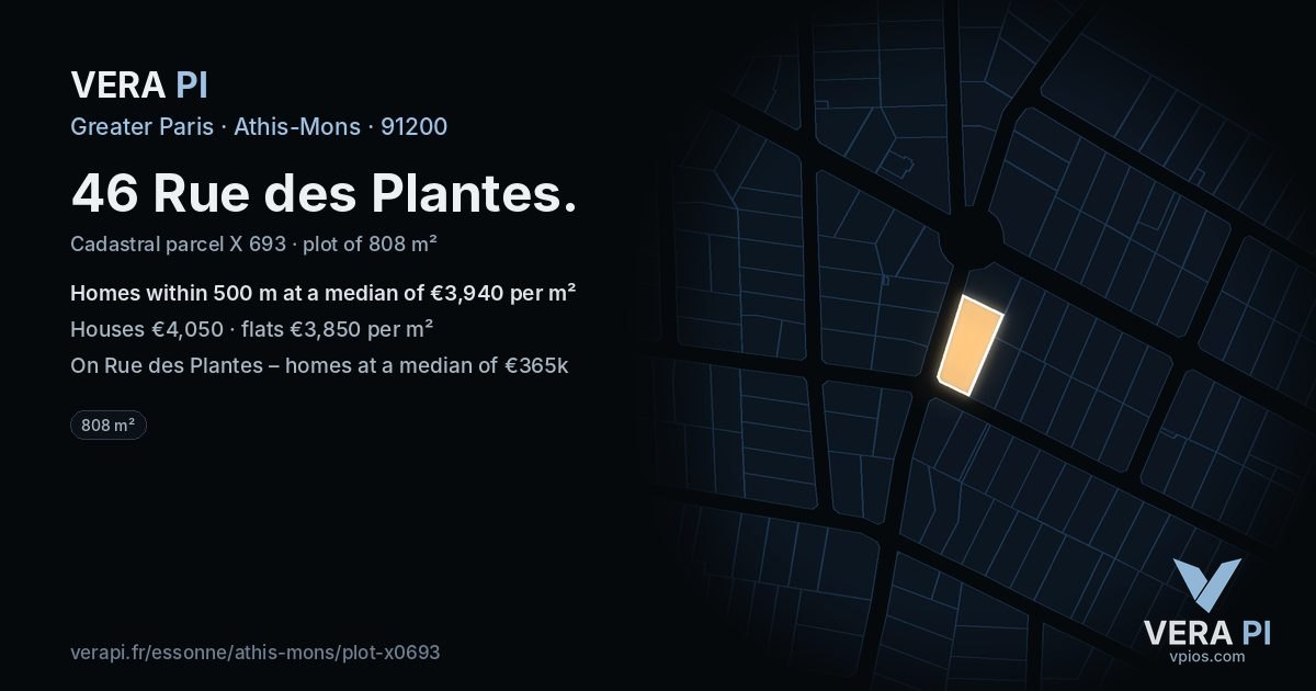 46 Rue des Plantes, Athis-Mons at night – the plot lit, the parcels around coloured by the prices near them