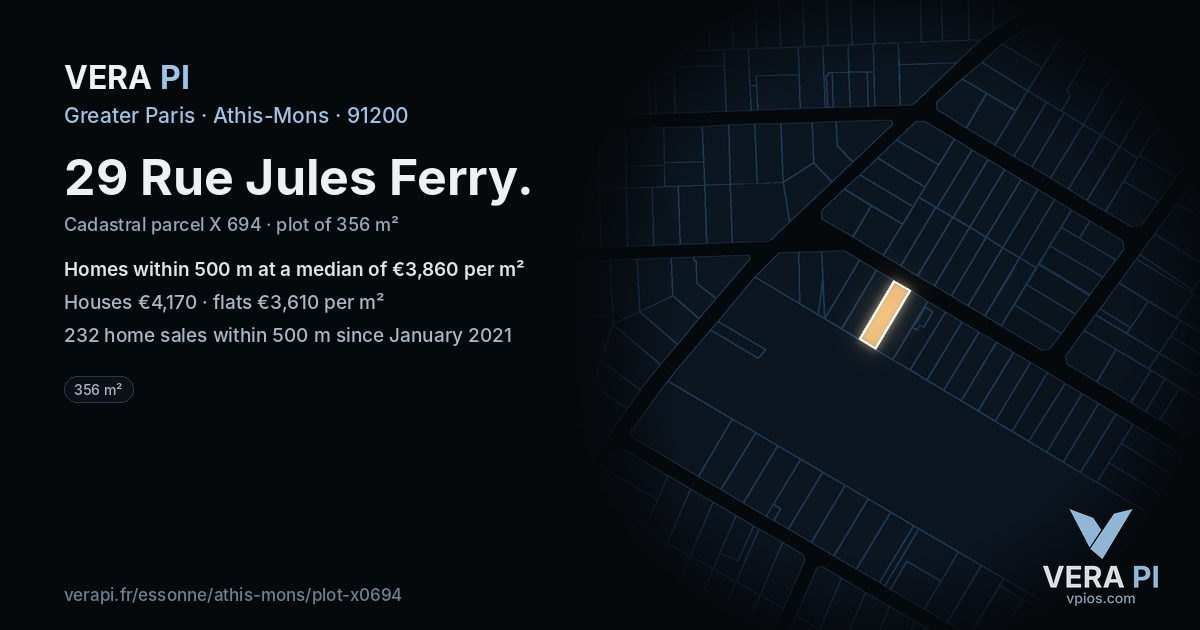 29 Rue Jules Ferry, Athis-Mons at night – the plot lit, the parcels around coloured by the prices near them
