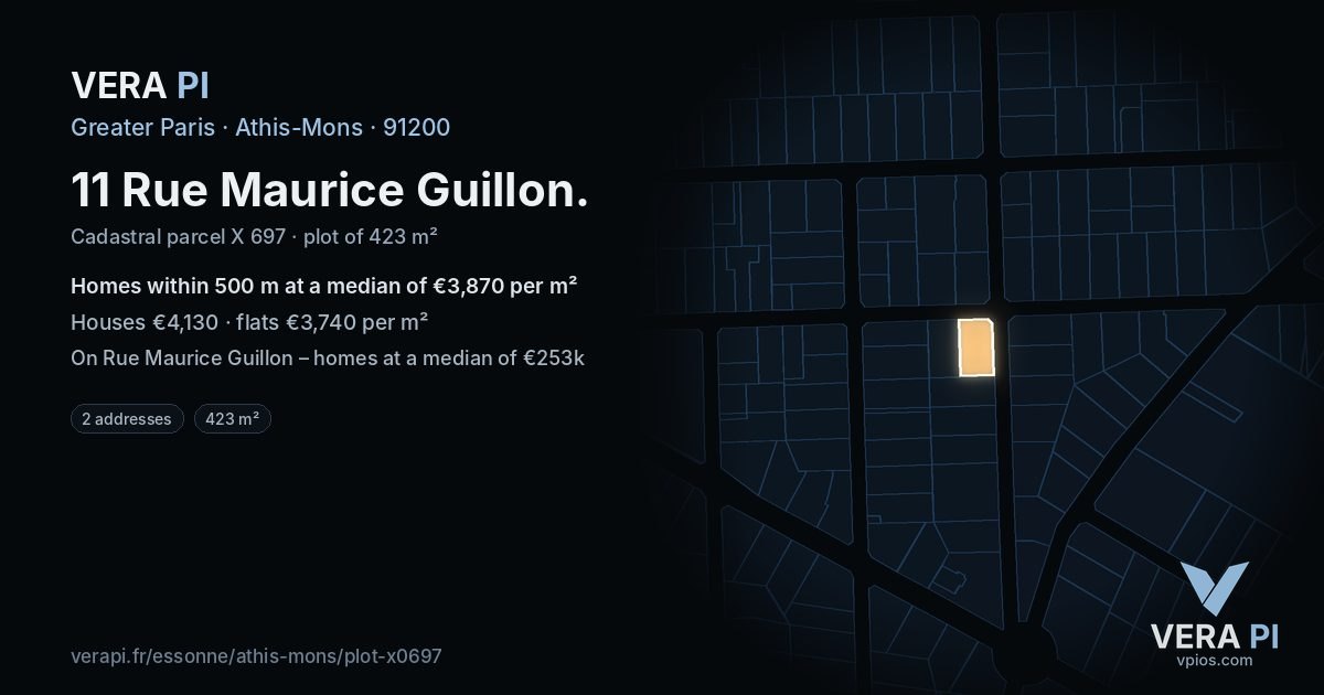 11 Rue Maurice Guillon, Athis-Mons at night – the plot lit, the parcels around coloured by the prices near them