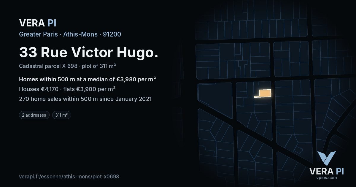 33 Rue Victor Hugo, Athis-Mons at night – the plot lit, the parcels around coloured by the prices near them