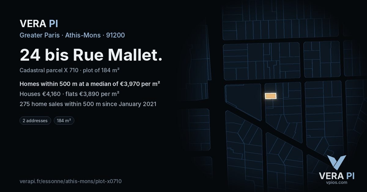 24 bis Rue Mallet, Athis-Mons at night – the plot lit, the parcels around coloured by the prices near them