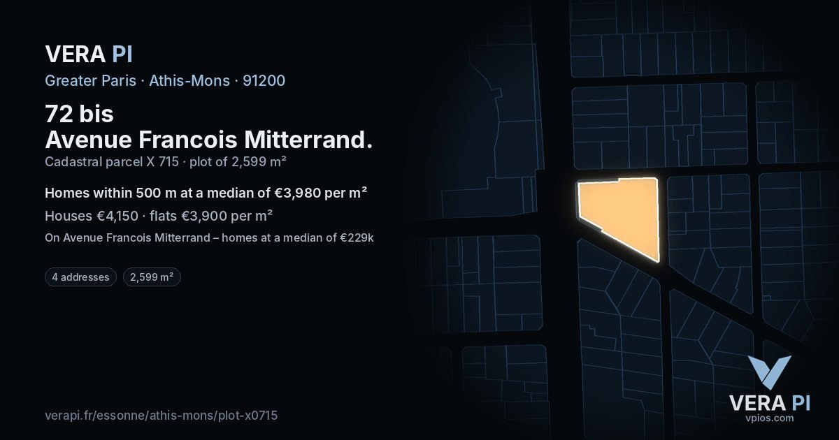 72 bis Avenue Francois Mitterrand, Athis-Mons at night – the plot lit, the parcels around coloured by the prices near them