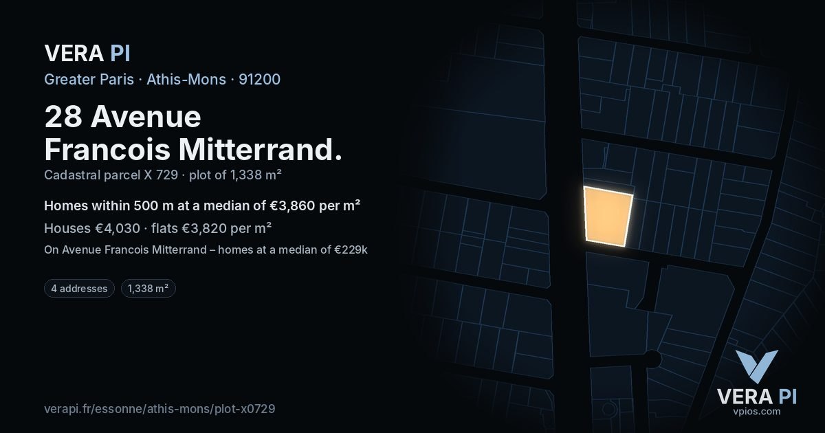 28 Avenue Francois Mitterrand, Athis-Mons at night – the plot lit, the parcels around coloured by the prices near them