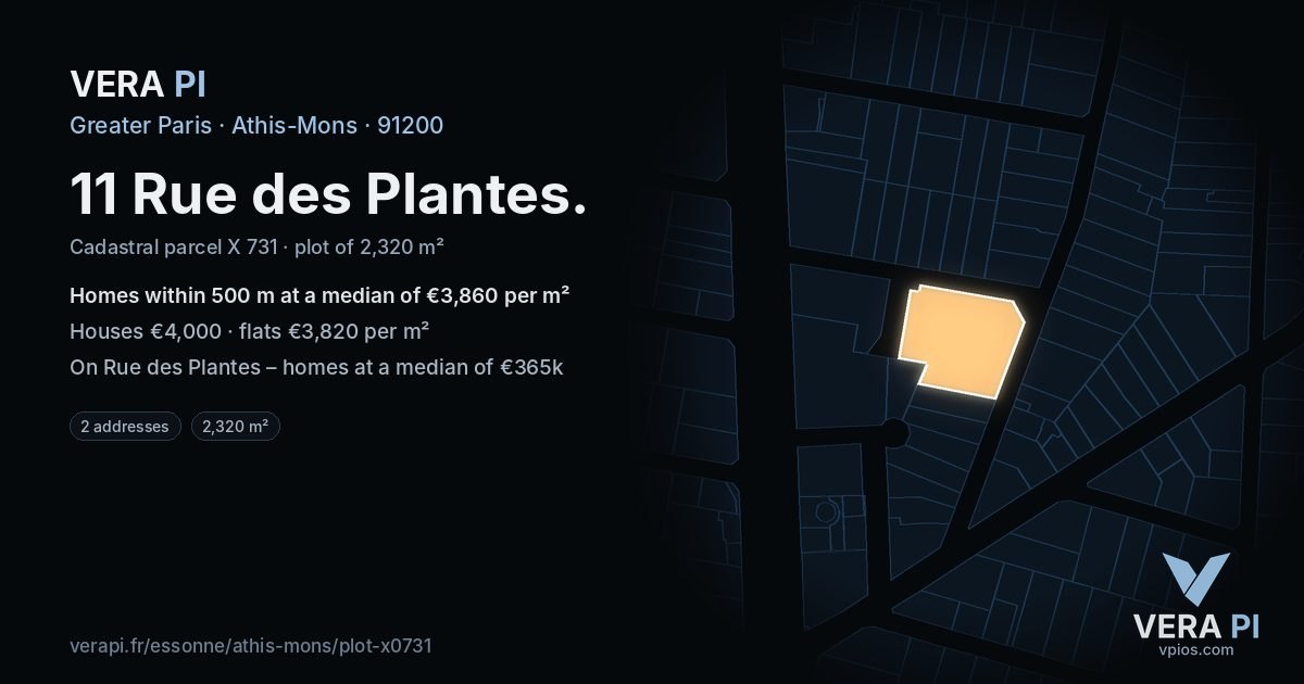 11 Rue des Plantes, Athis-Mons at night – the plot lit, the parcels around coloured by the prices near them
