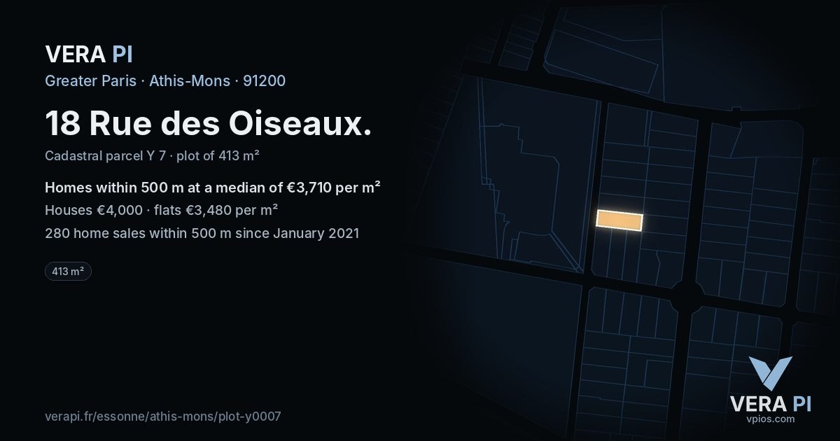 18 Rue des Oiseaux, Athis-Mons at night – the plot lit, the parcels around coloured by the prices near them